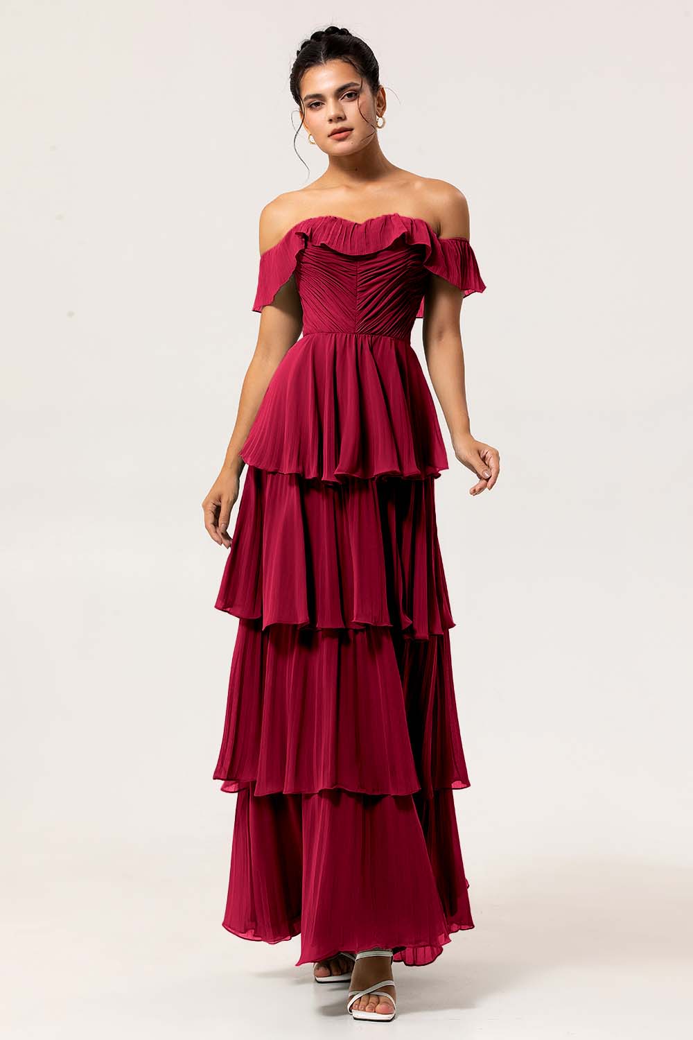 Romantic Off-the-Shoulder Evening Dress with Ruffle Trim and Tiered Pleated Chiffon Skirt