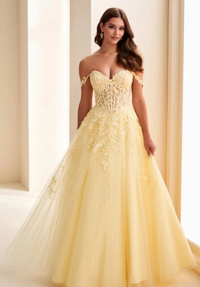Romantic Off-the-Shoulder Lace Corset Tulle Floral Applique Lace-Up Back Ball Gown Prom Dress