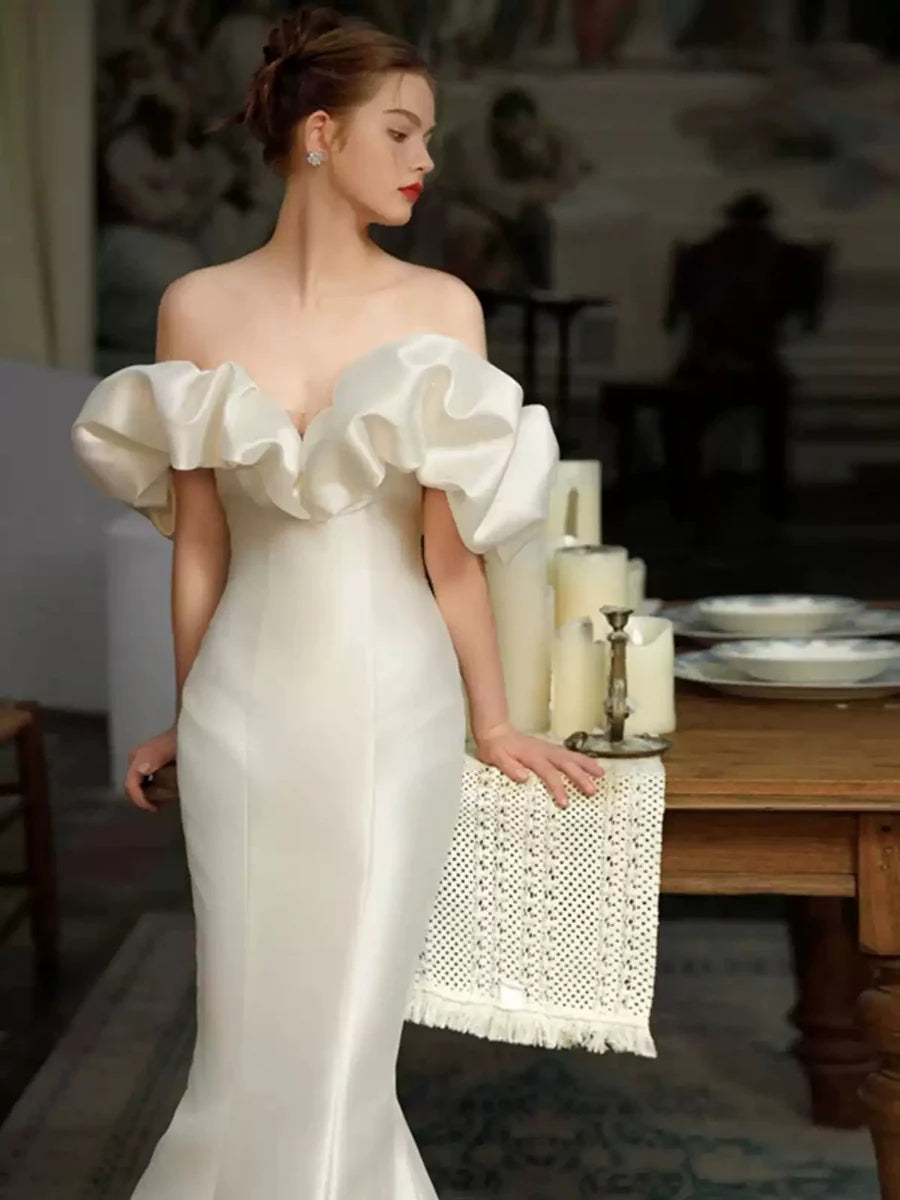Romantic Off-the-Shoulder Oversized Ruffle Satin Mermaid Wedding Dress with Beaded Train & Low Back