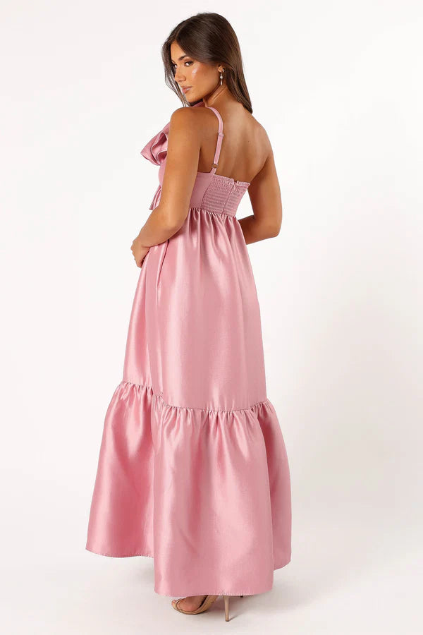 Romantic One-Shoulder Bow-Accent Ruffled Floor-Length Satin Evening Dress