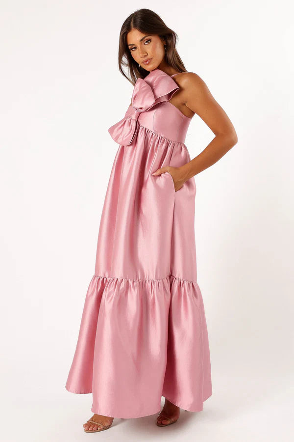 Romantic One-Shoulder Bow-Accent Ruffled Floor-Length Satin Evening Dress