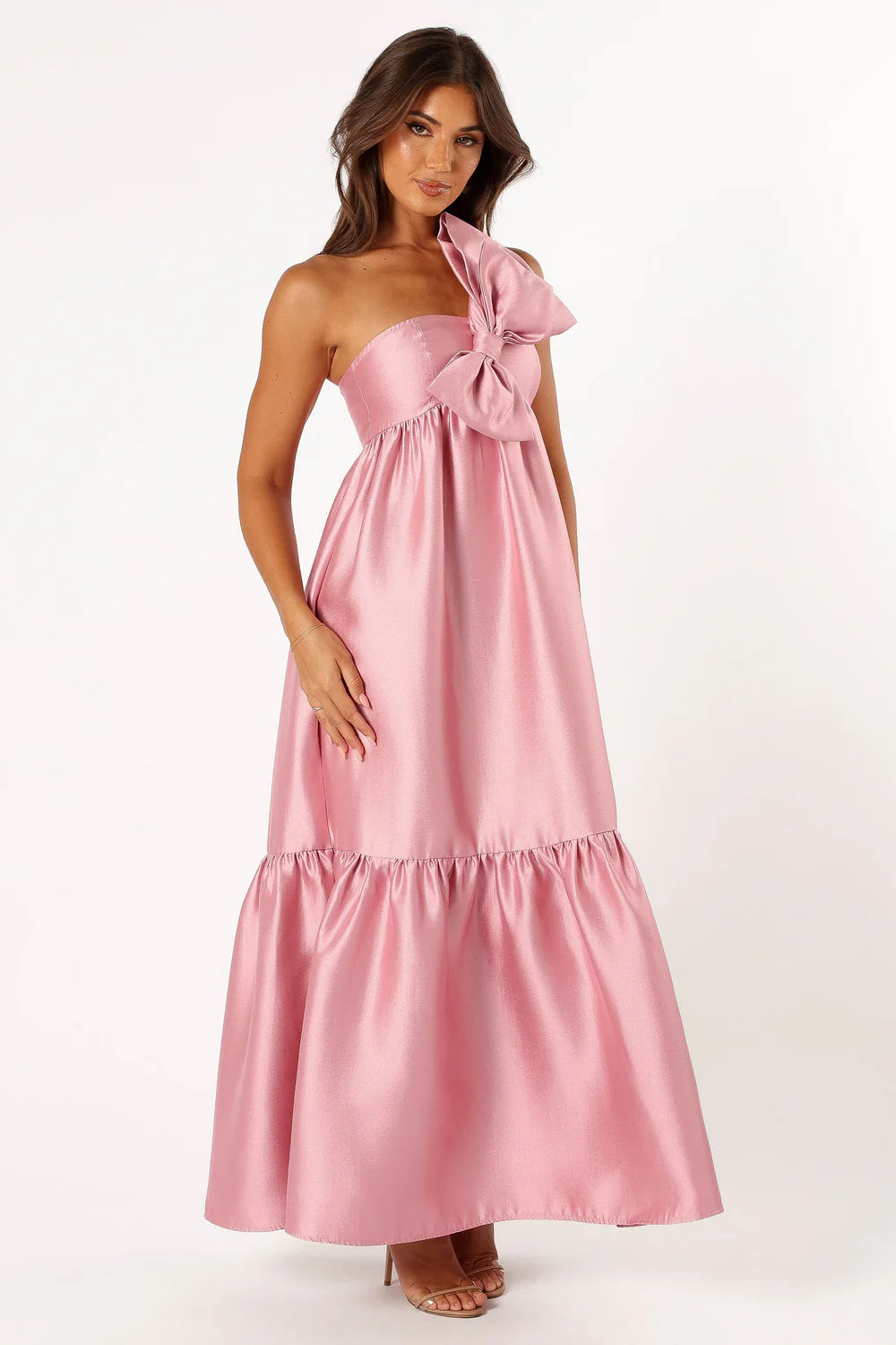 Romantic One-Shoulder Bow-Accent Ruffled Floor-Length Satin Evening Dress