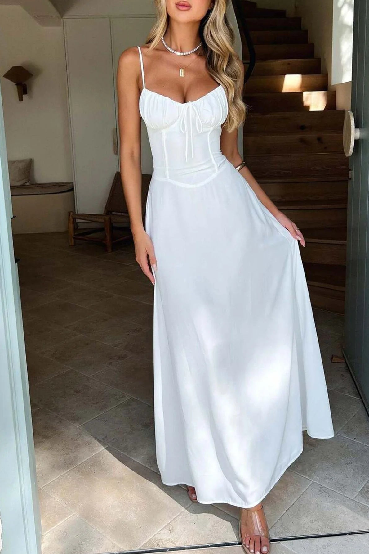 Romantic Ruched Bust Evening Dresses with Spaghetti Straps, Lace-Up Back and Flowing Maxi Skirt Formal Gown