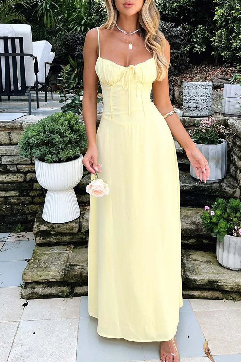 Romantic Ruched Bust Evening Dresses with Spaghetti Straps, Lace-Up Back and Flowing Maxi Skirt Formal Gown