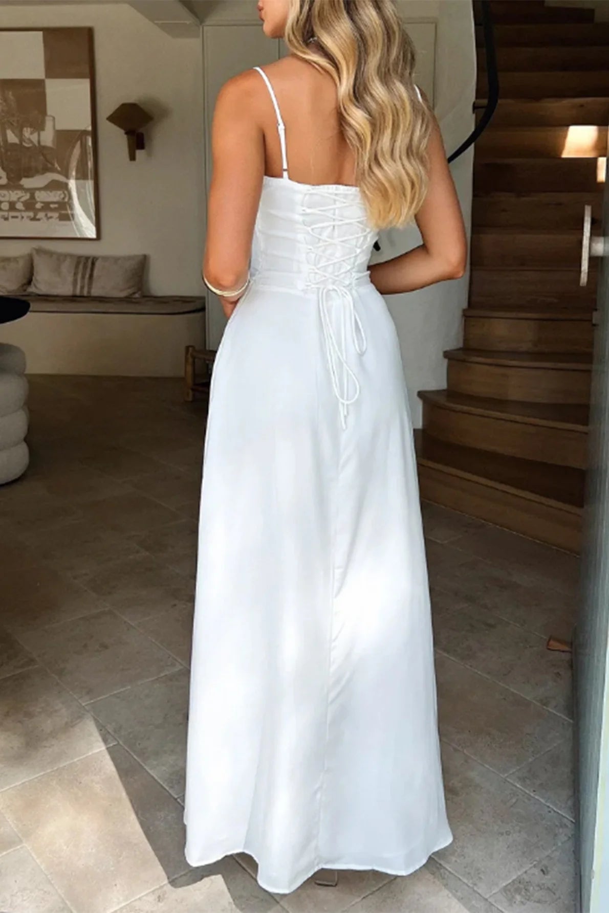 Romantic Ruched Bust Evening Dresses with Spaghetti Straps, Lace-Up Back and Flowing Maxi Skirt Formal Gown