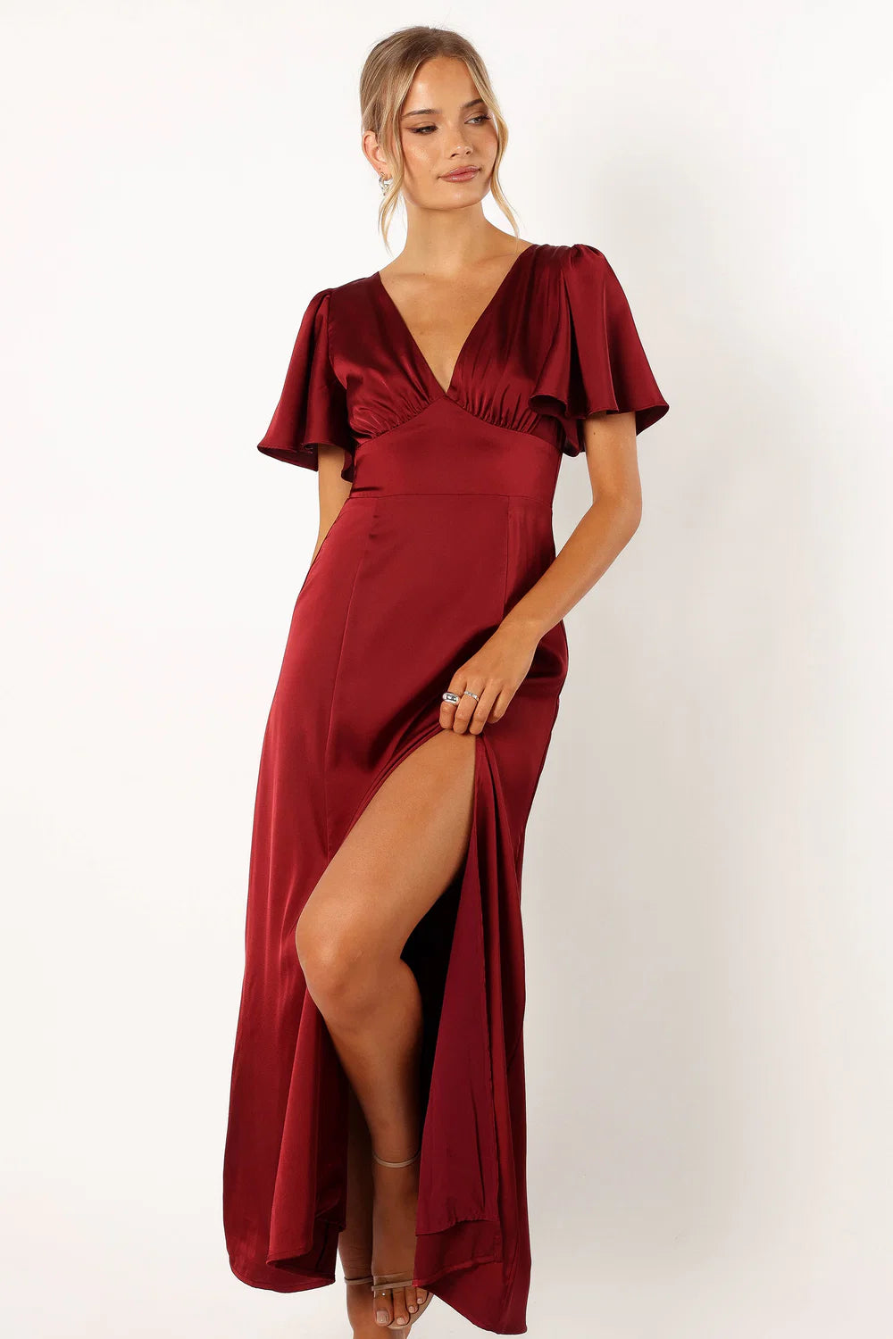 Romantic Satin A Line V Neck Flutter Sleeve Tie Back High Slit Maxi Evening Dress