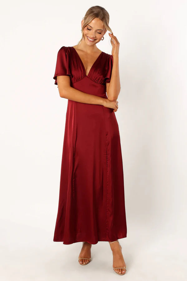 Romantic Satin A Line V Neck Flutter Sleeve Tie Back High Slit Maxi Evening Dress