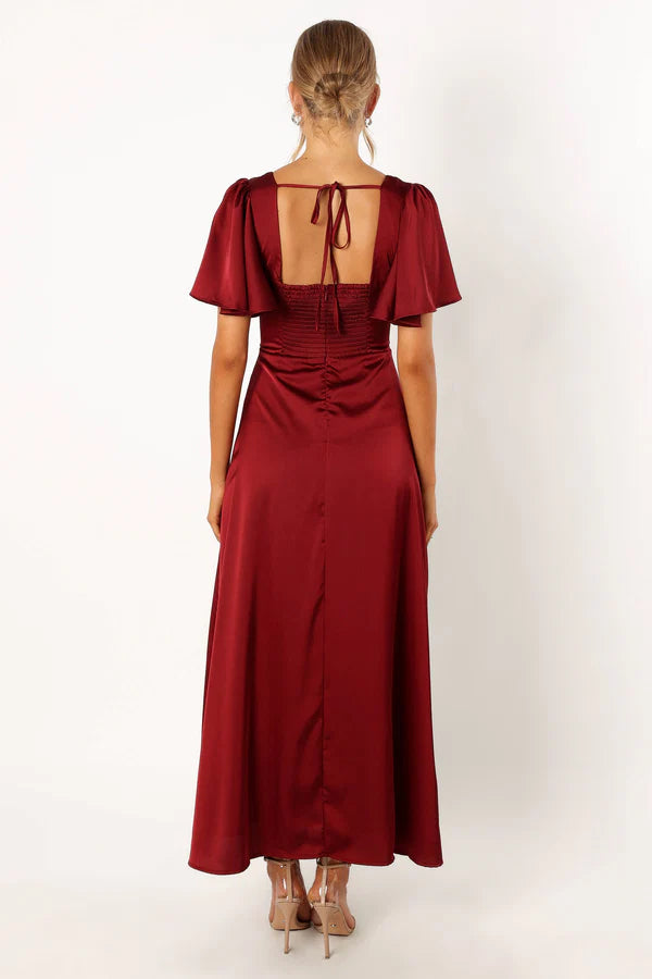 Romantic Satin A Line V Neck Flutter Sleeve Tie Back High Slit Maxi Evening Dress