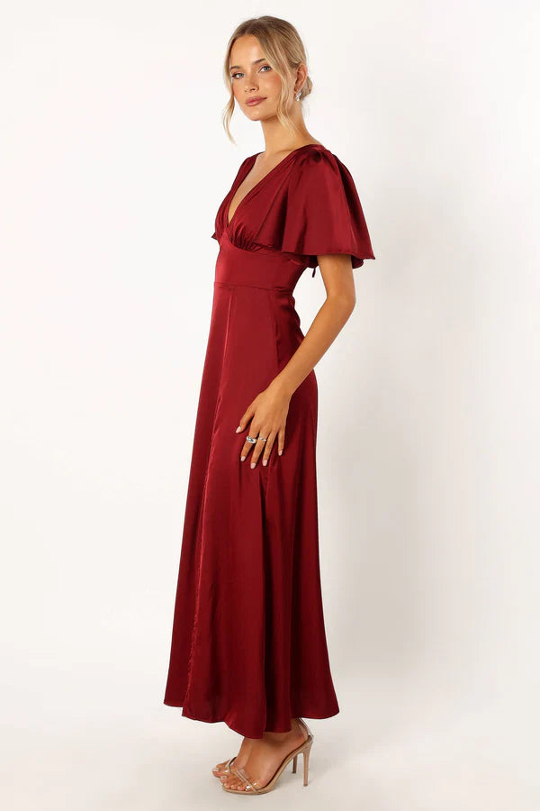 Romantic Satin A Line V Neck Flutter Sleeve Tie Back High Slit Maxi Evening Dress