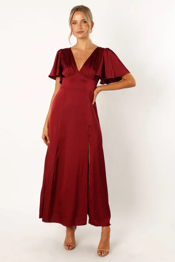 Romantic Satin A Line V Neck Flutter Sleeve Tie Back High Slit Maxi Evening Dress