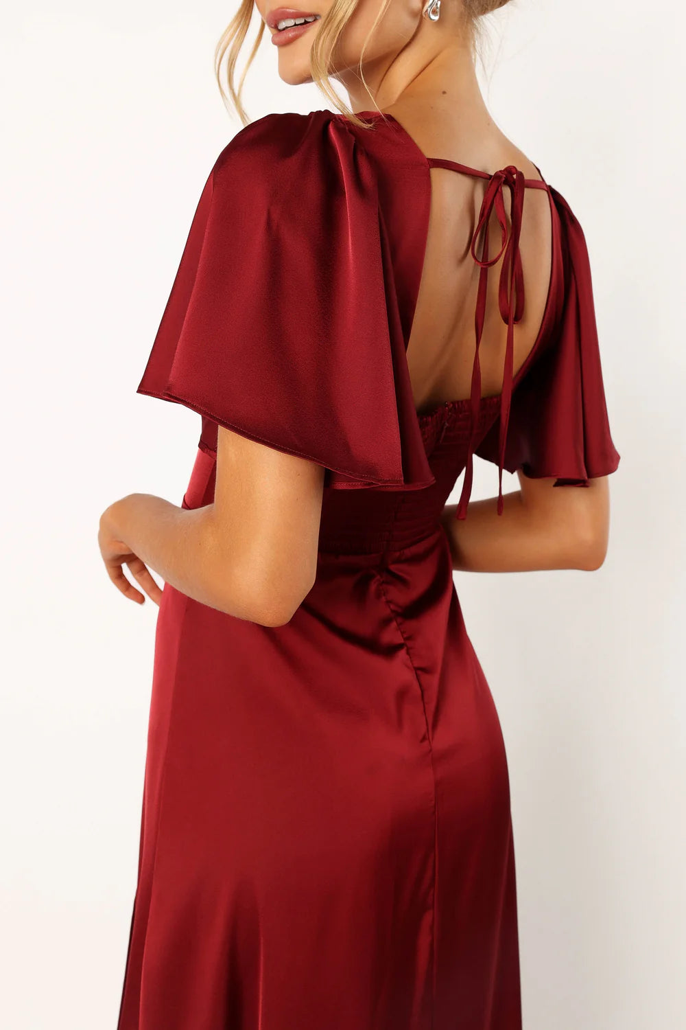 Romantic Satin A Line V Neck Flutter Sleeve Tie Back High Slit Maxi Evening Dress