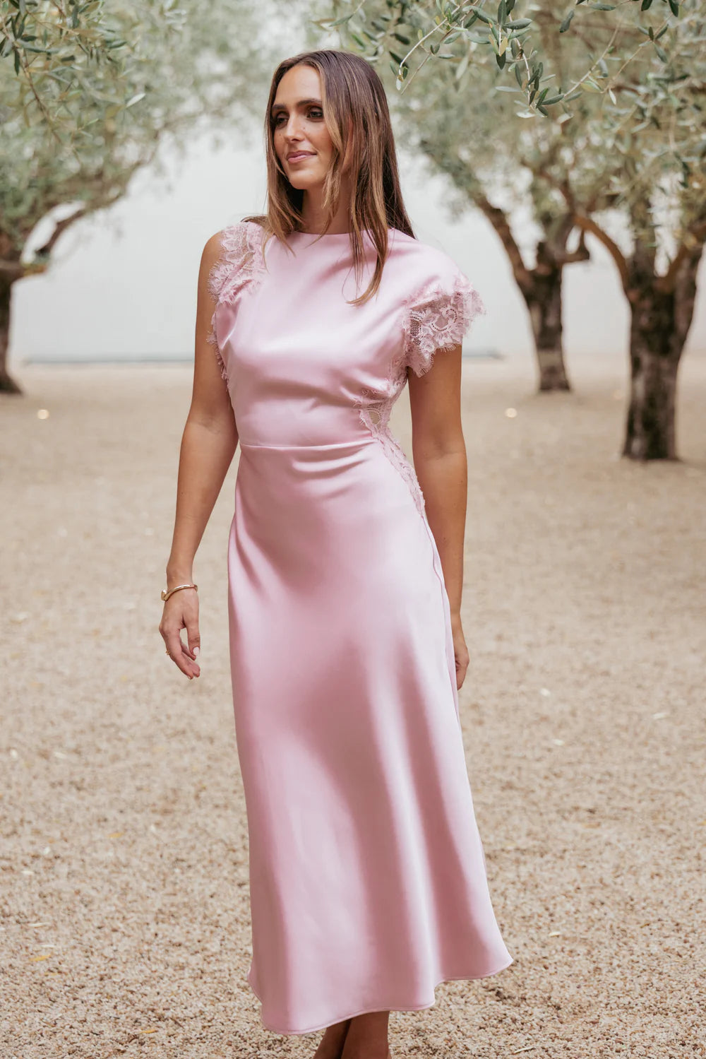 Romantic Satin Midi Boat Neck Lace Trim Short Sleeve Solid Back Midi Evening Dress