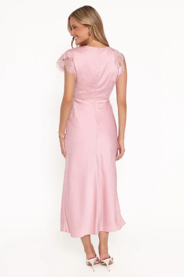 Romantic Satin Midi Boat Neck Lace Trim Short Sleeve Solid Back Midi Evening Dress