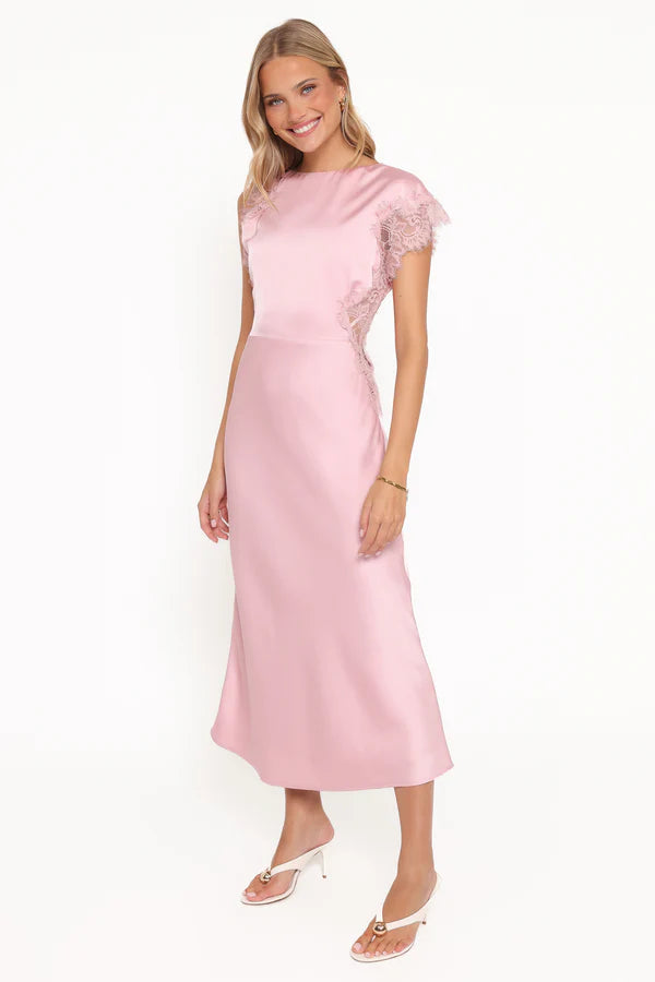 Romantic Satin Midi Boat Neck Lace Trim Short Sleeve Solid Back Midi Evening Dress
