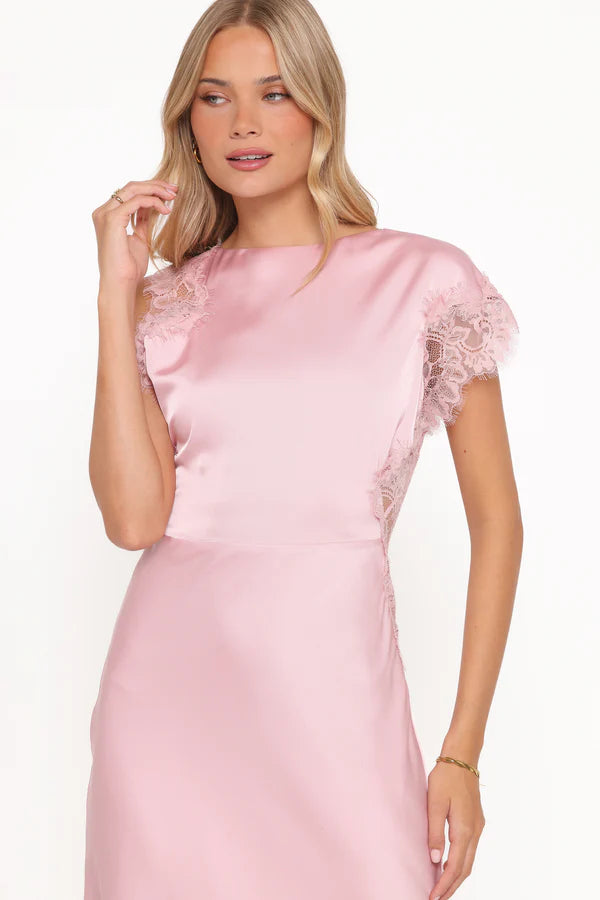 Romantic Satin Midi Boat Neck Lace Trim Short Sleeve Solid Back Midi Evening Dress
