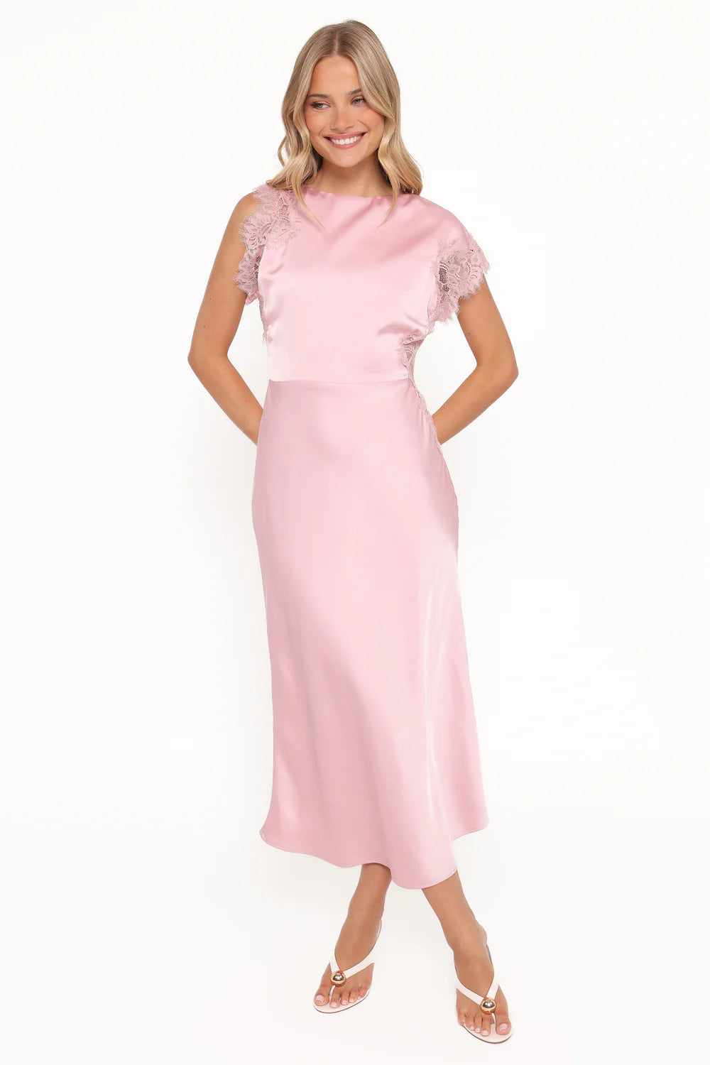 Romantic Satin Midi Boat Neck Lace Trim Short Sleeve Solid Back Midi Evening Dress