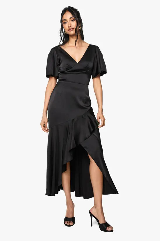 Romantic Satin Puff Sleeve V-Neck Asymmetrical Ruffle Midi Evening Gowns