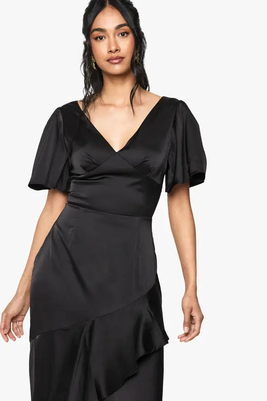 Romantic Satin Puff Sleeve V-Neck Asymmetrical Ruffle Midi Evening Gowns