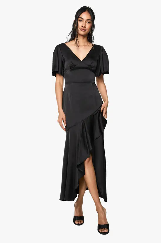 Romantic Satin Puff Sleeve V-Neck Asymmetrical Ruffle Midi Evening Gowns