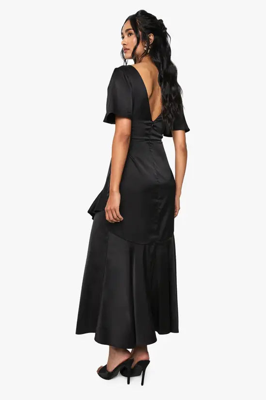 Romantic Satin Puff Sleeve V-Neck Asymmetrical Ruffle Midi Evening Gowns