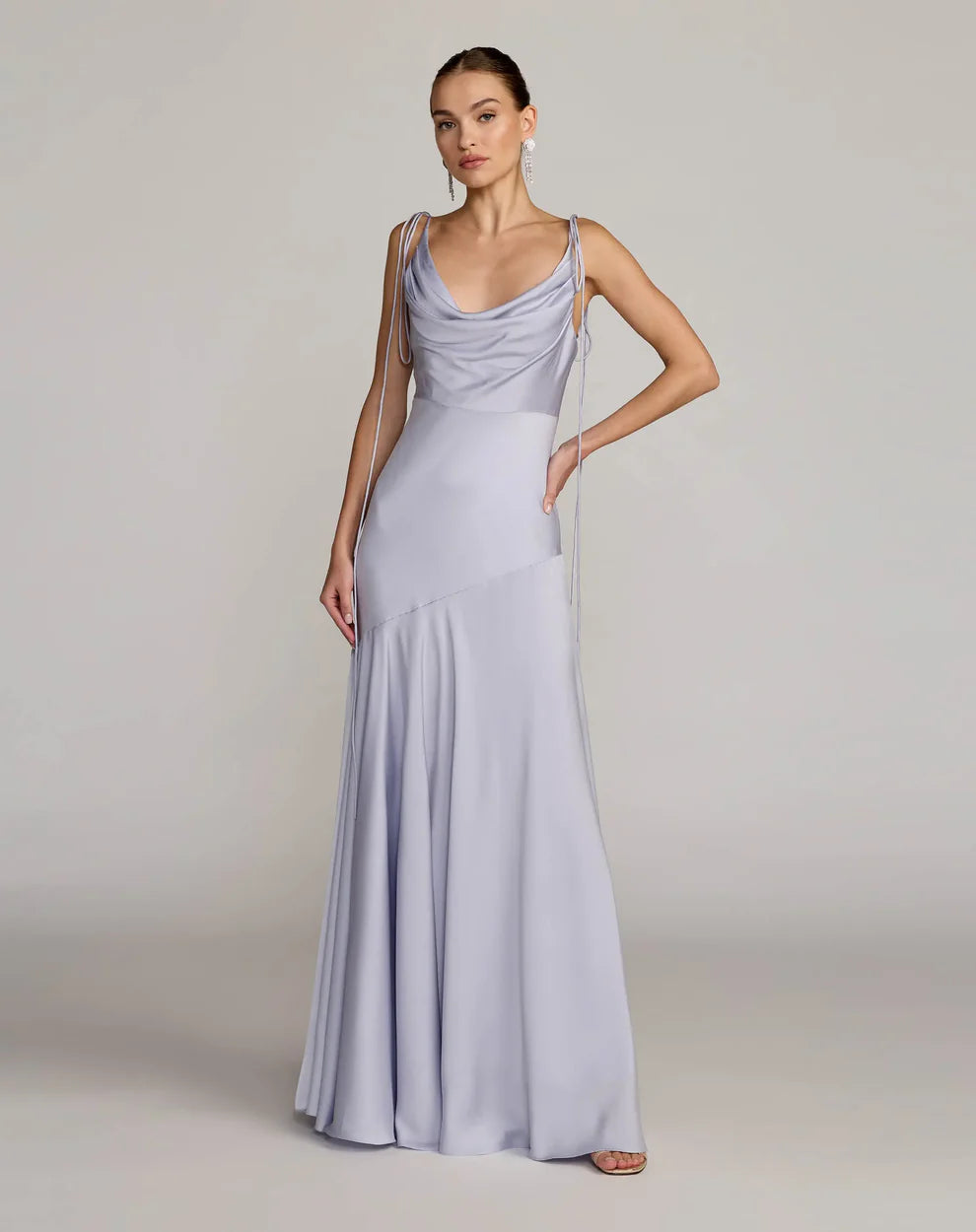 Romantic Spaghetti Strap Cowl Neck Deep V-Back Asymmetrical Hem Satin Floor-Length Evening Dress