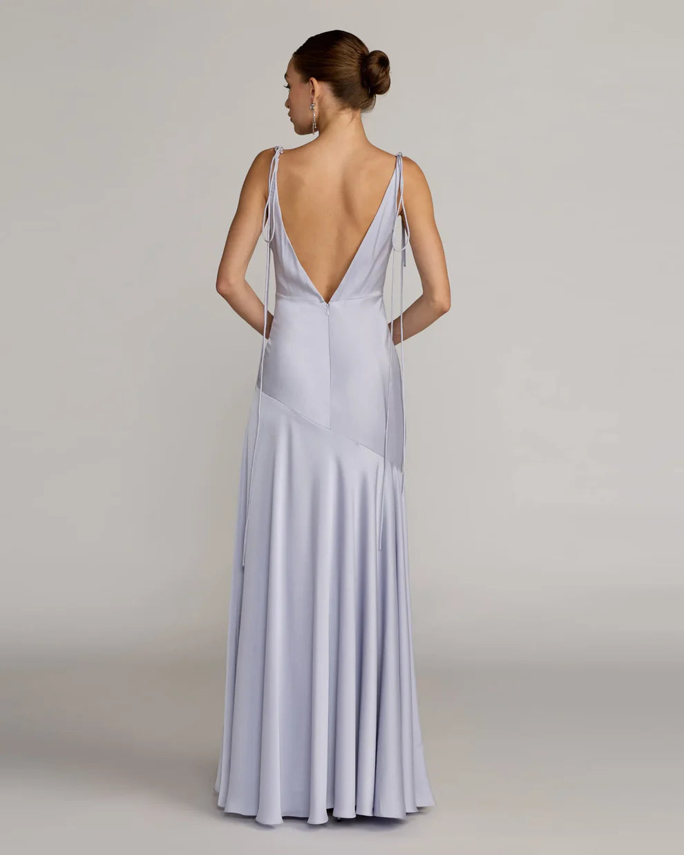 Romantic Spaghetti Strap Cowl Neck Deep V-Back Asymmetrical Hem Satin Floor-Length Evening Dress