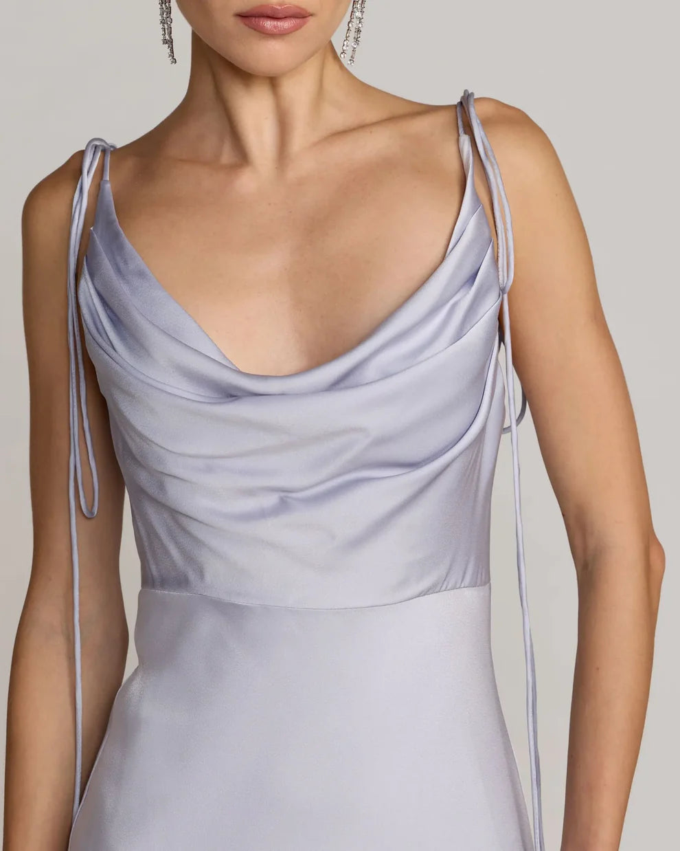 Romantic Spaghetti Strap Cowl Neck Deep V-Back Asymmetrical Hem Satin Floor-Length Evening Dress