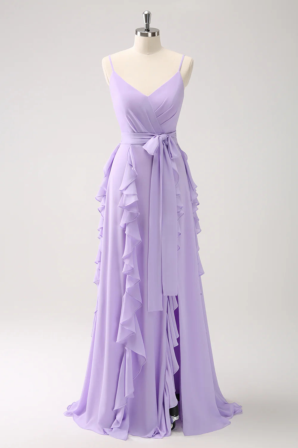 Romantic Spaghetti Strap Evening Dress with Cascading Ruffles and Waist Sash Tie