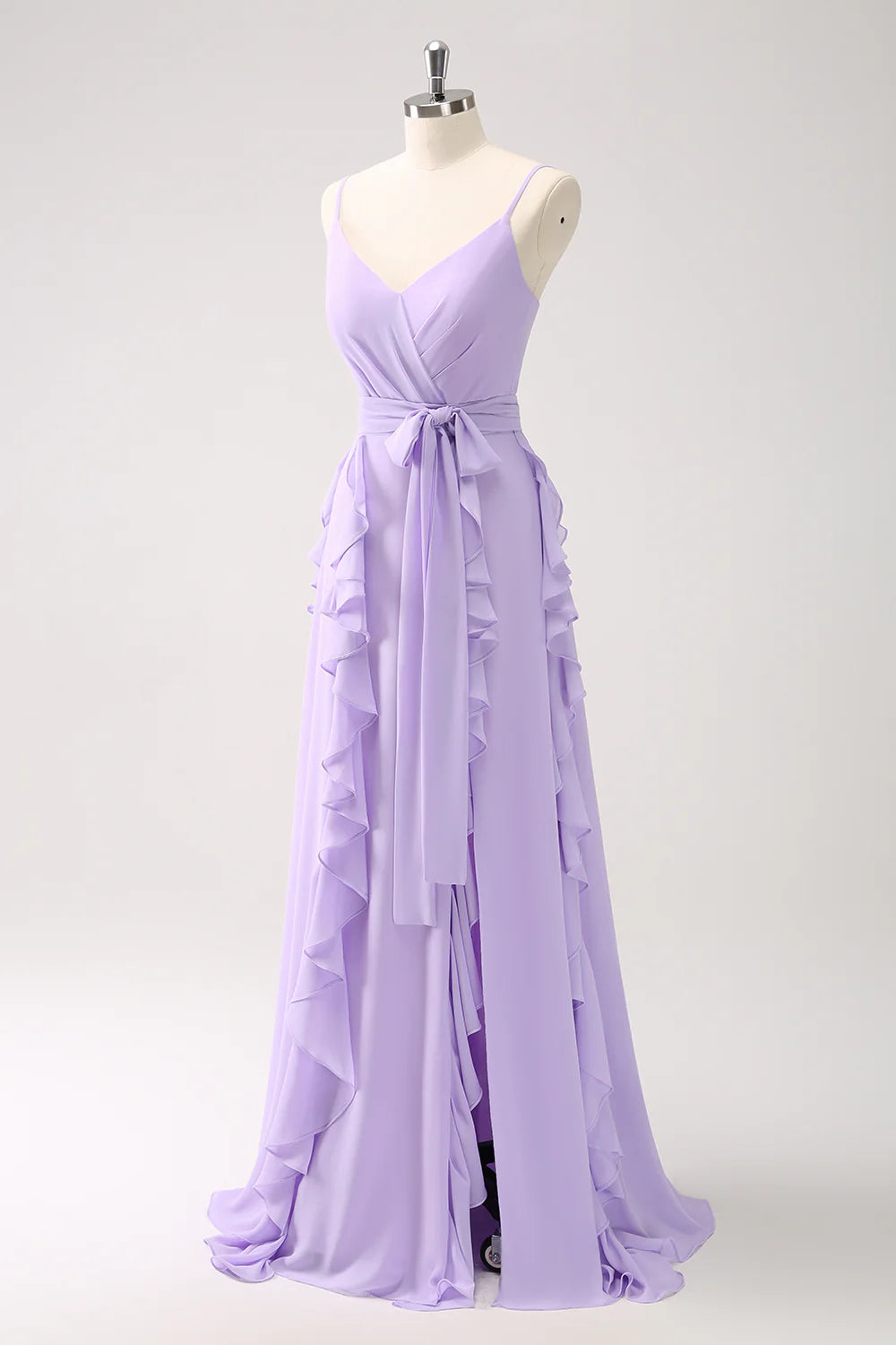 Romantic Spaghetti Strap Evening Dress with Cascading Ruffles and Waist Sash Tie