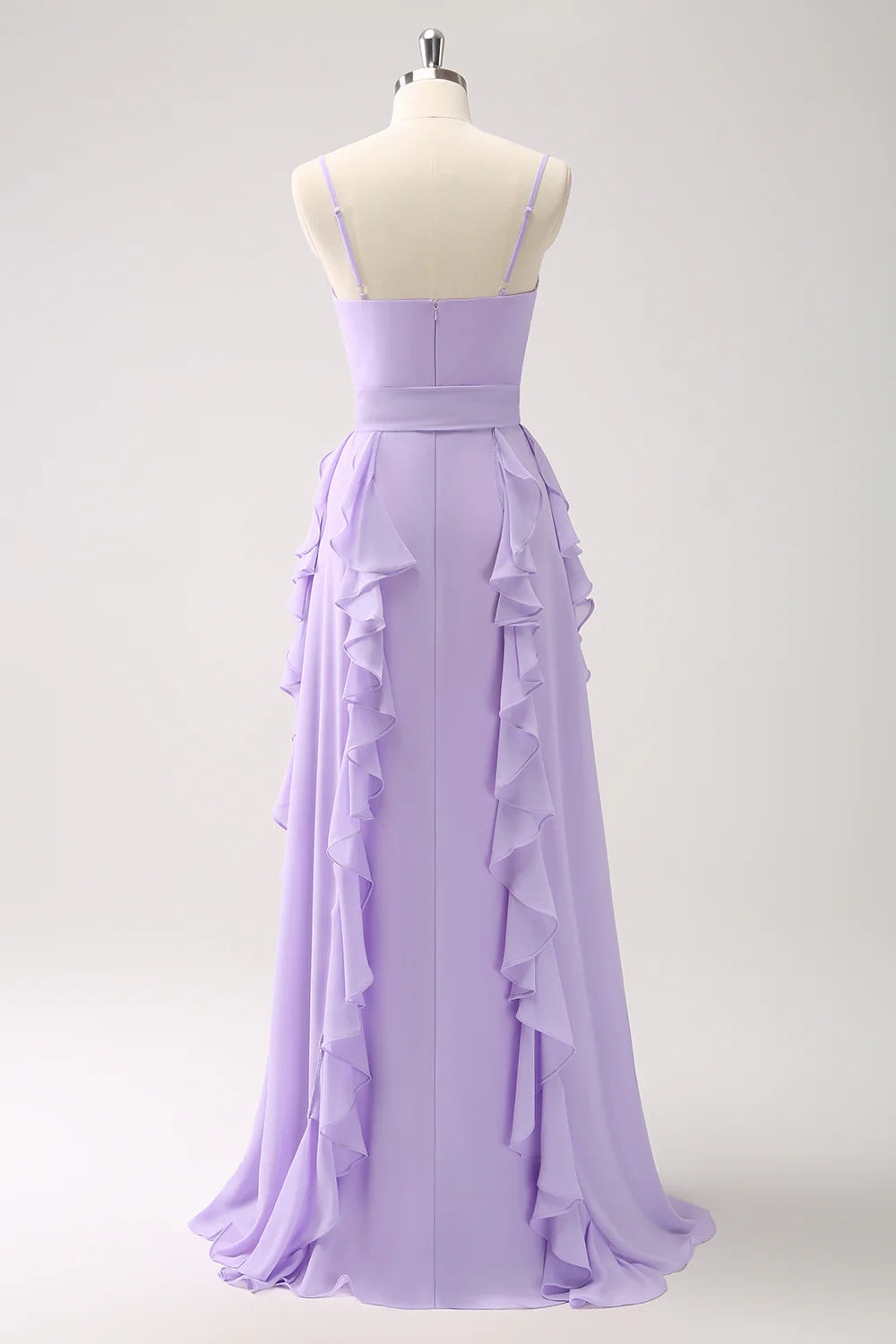 Romantic Spaghetti Strap Evening Dress with Cascading Ruffles and Waist Sash Tie