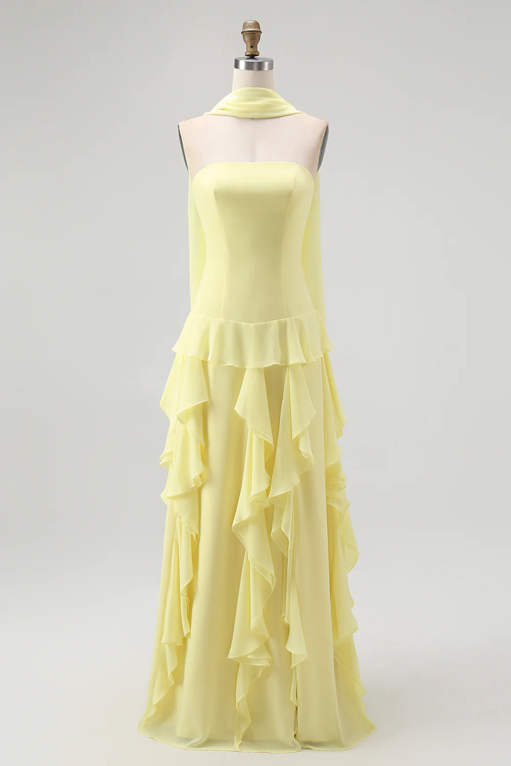 Elegant Strapless Evening Dress with Sheer Cape Overlay and Cascading Ruffle Skirt