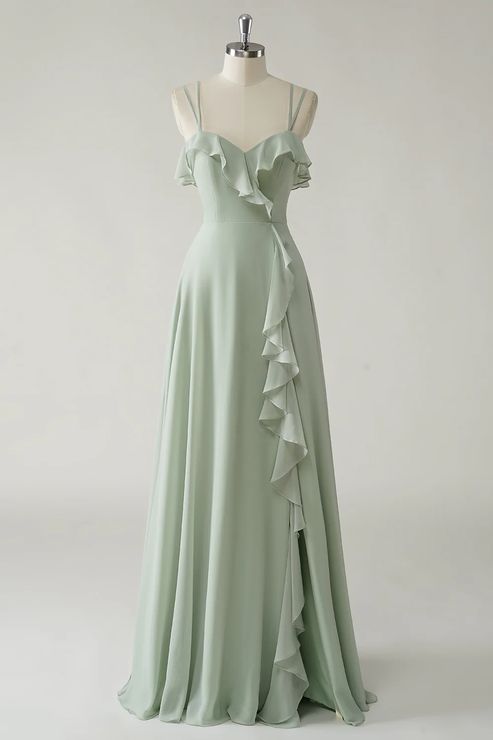 Romantic Spaghetti Strap Sage Green Chiffon Evening Dress with Ruffle Trim and Lace-Up Back
