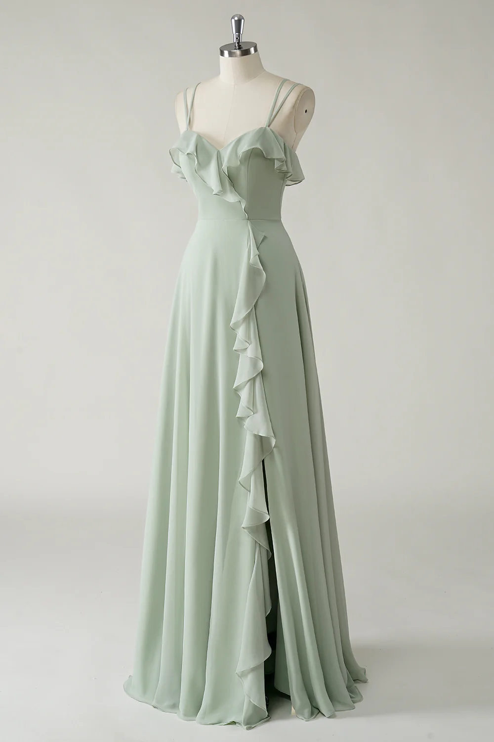 Romantic Spaghetti Strap Sage Green Chiffon Evening Dress with Ruffle Trim and Lace-Up Back
