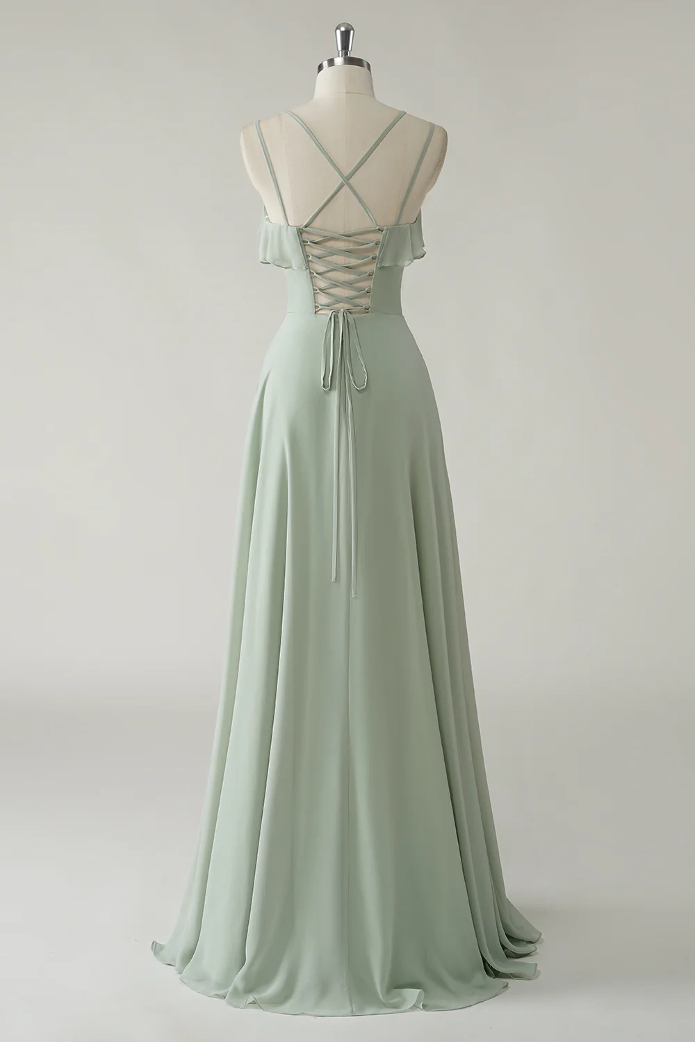 Romantic Spaghetti Strap Sage Green Chiffon Evening Dress with Ruffle Trim and Lace-Up Back