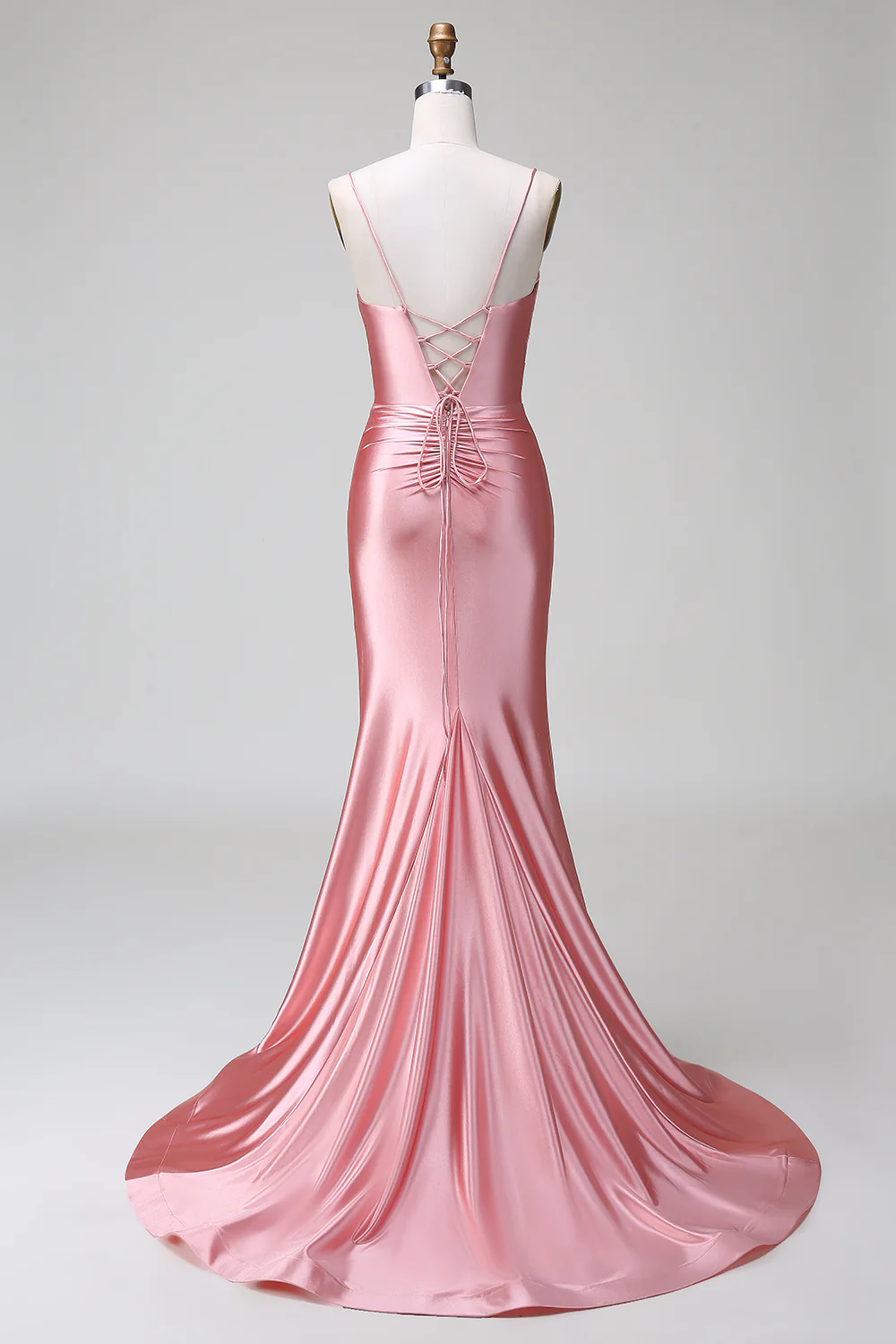 Romantic Spaghetti Strap Satin Evening Dress with Rhinestone Neckline, Lace-Up Back and High Slit Train