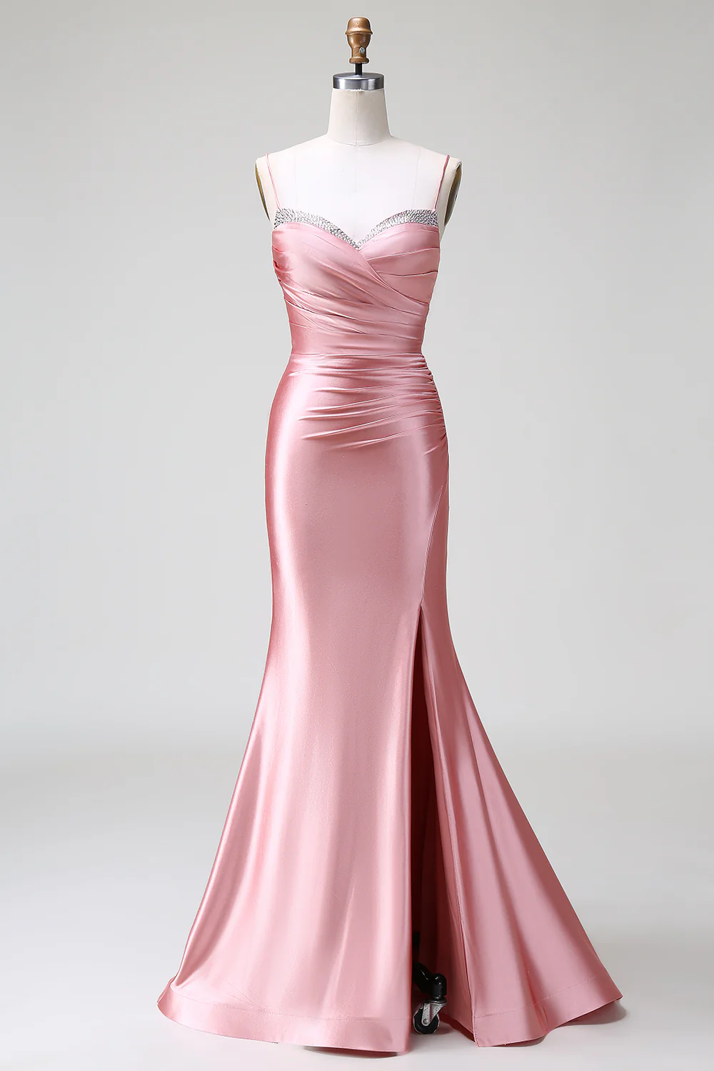 Romantic Spaghetti Strap Satin Evening Dress with Rhinestone Neckline, Lace-Up Back and High Slit Train