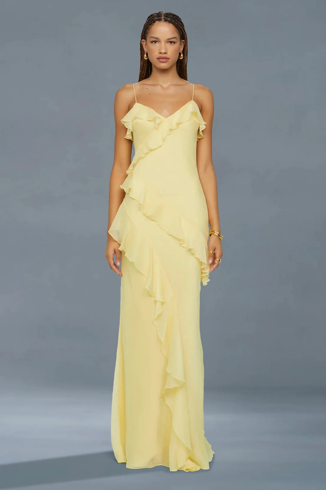 Romantic Spaghetti Strap V-Neck Ruffled Chiffon Mermaid Floor-Length Evening Dress