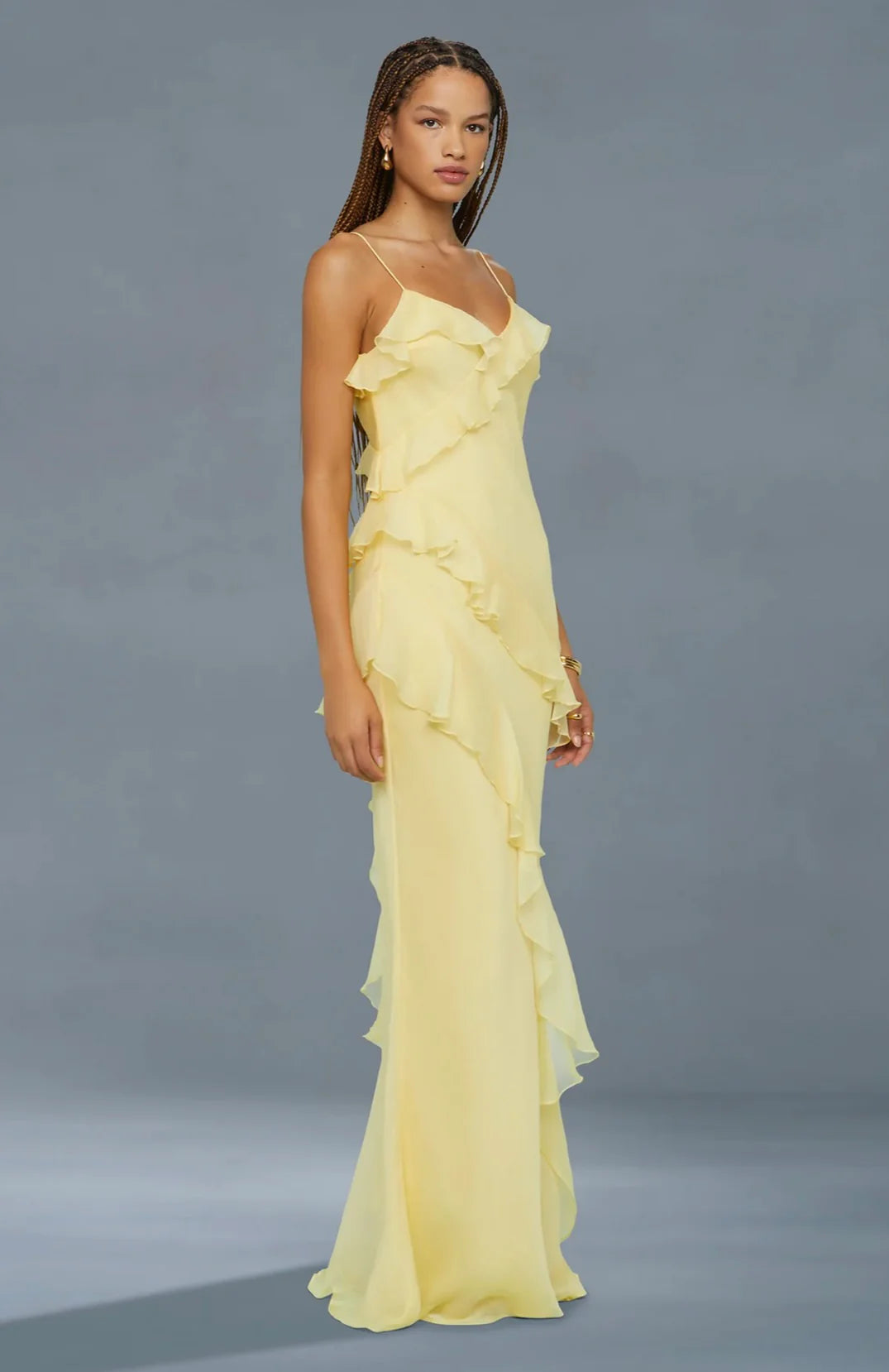Romantic Spaghetti Strap V-Neck Ruffled Chiffon Mermaid Floor-Length Evening Dress