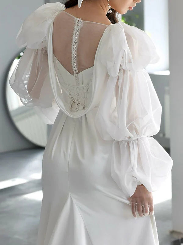 Romantic Square Neck Satin Mermaid Wedding Dress with Sheer Puff Sleeves & Lace-Up Back