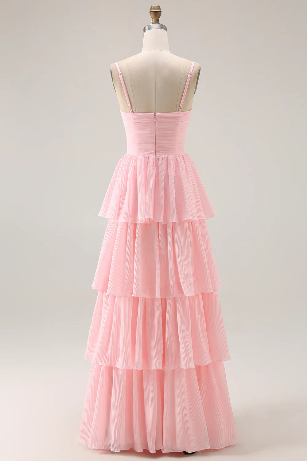 Romantic Sweet Flowy A-Line V Neck Adjustable Spaghetti Strap Ruched Waist Tiered Pleated Floor-Length Chiffon Evening Dress