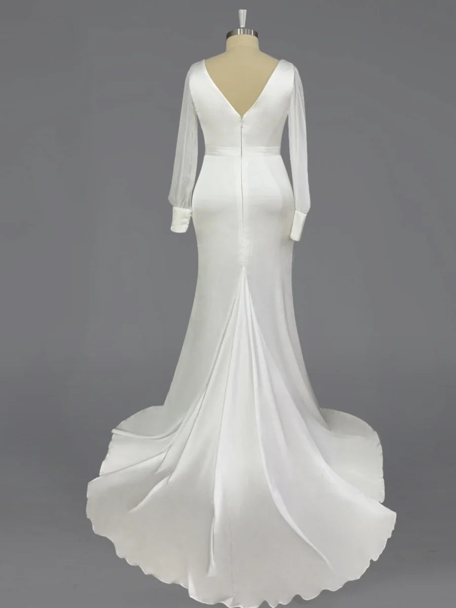 Romantic V-Neck Satin Mermaid Wedding Dress with Sheer Bishop Sleeves & Cathedral Train
