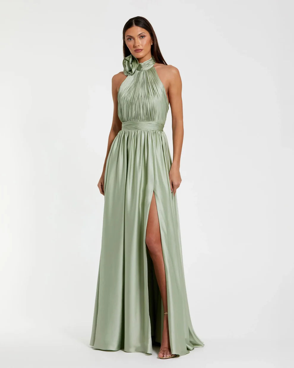 Romantic Voluminous Halter Neck Sleeveless Open Back Satin Maxi Evening Dress