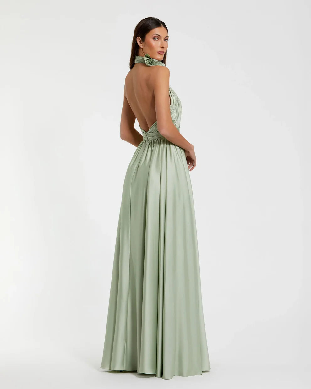 Romantic Voluminous Halter Neck Sleeveless Open Back Satin Maxi Evening Dress