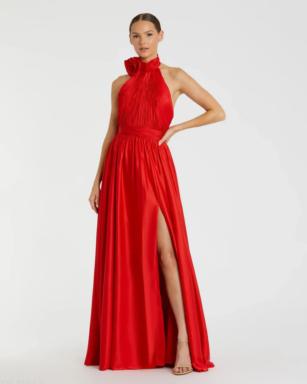 Romantic Voluminous Halter Neck Sleeveless Open Back Satin Maxi Evening Dress