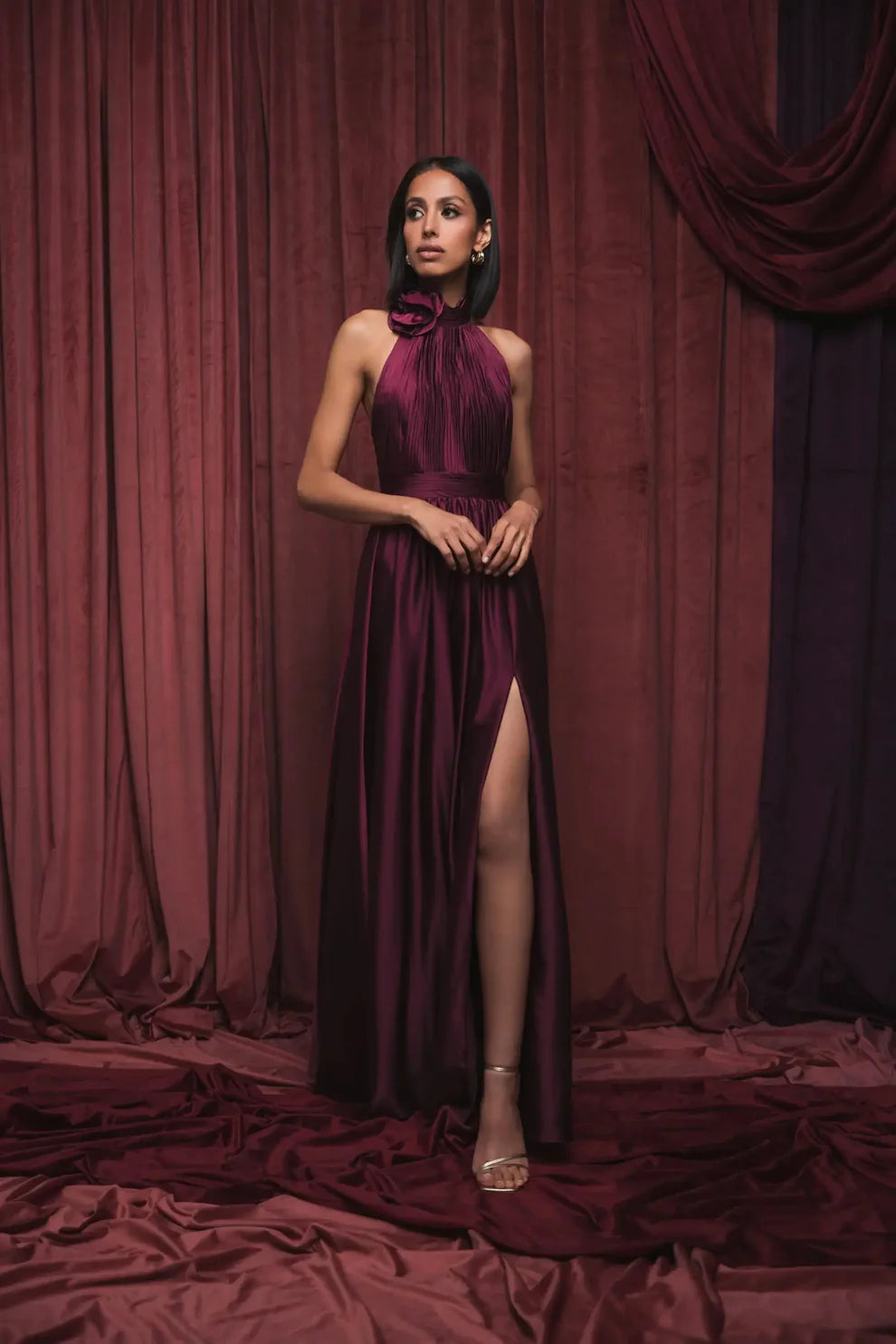 Romantic Voluminous Halter Neck Sleeveless Open Back Satin Maxi Evening Dress