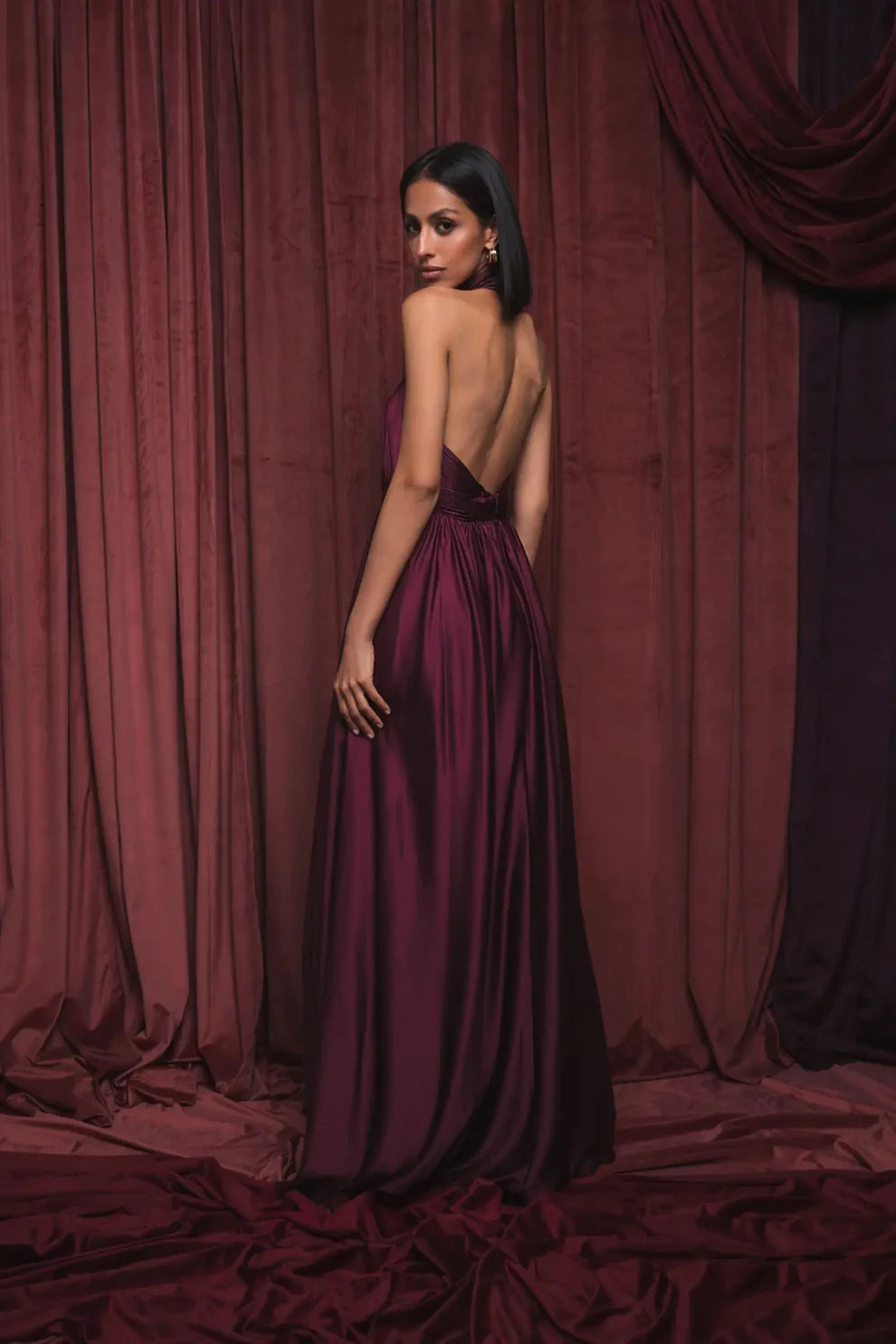 Romantic Voluminous Halter Neck Sleeveless Open Back Satin Maxi Evening Dress