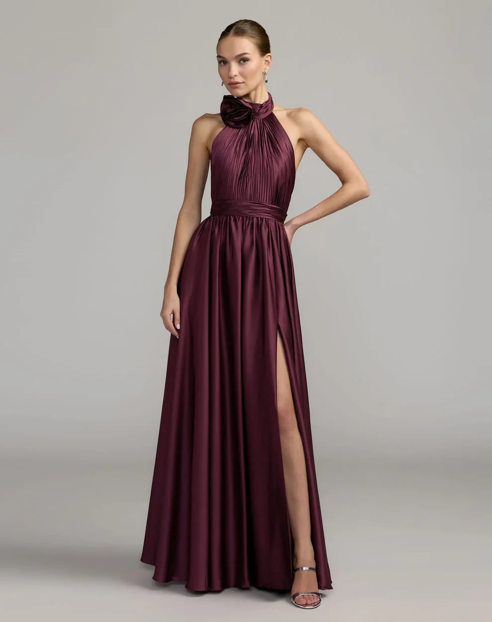 Romantic Voluminous Halter Neck Sleeveless Open Back Satin Maxi Evening Dress