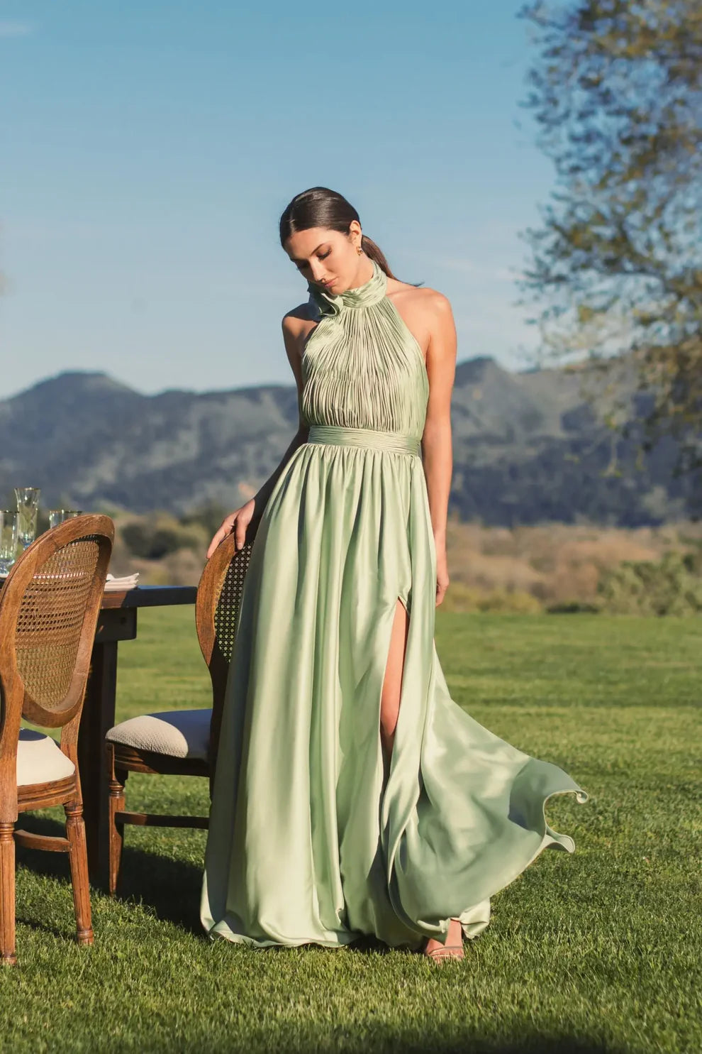 Romantic Voluminous Halter Neck Sleeveless Open Back Satin Maxi Evening Dress