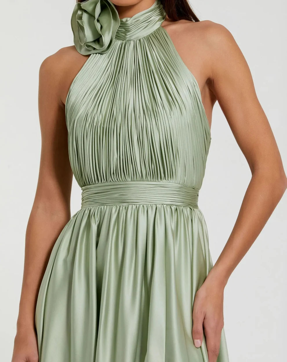 Romantic Voluminous Halter Neck Sleeveless Open Back Satin Maxi Evening Dress