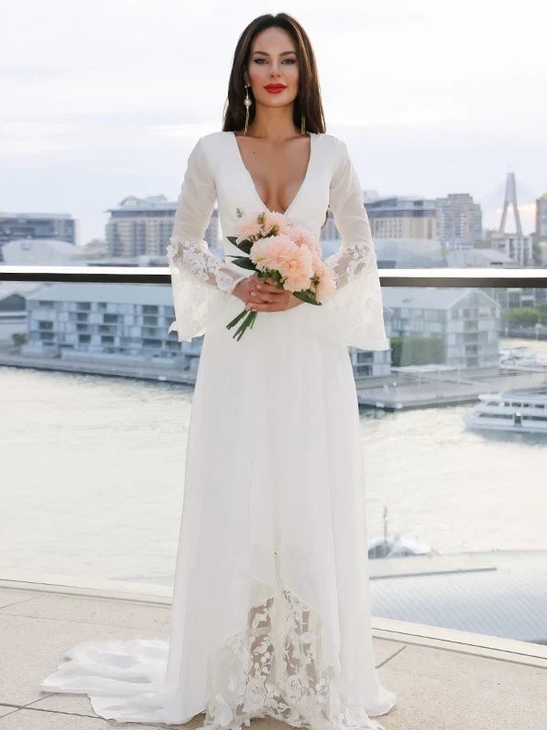 Romantic Chiffon Lace A-Line Deep V-Neck Long Bell Sleeves V-Back Floor-Length Wedding Dresses